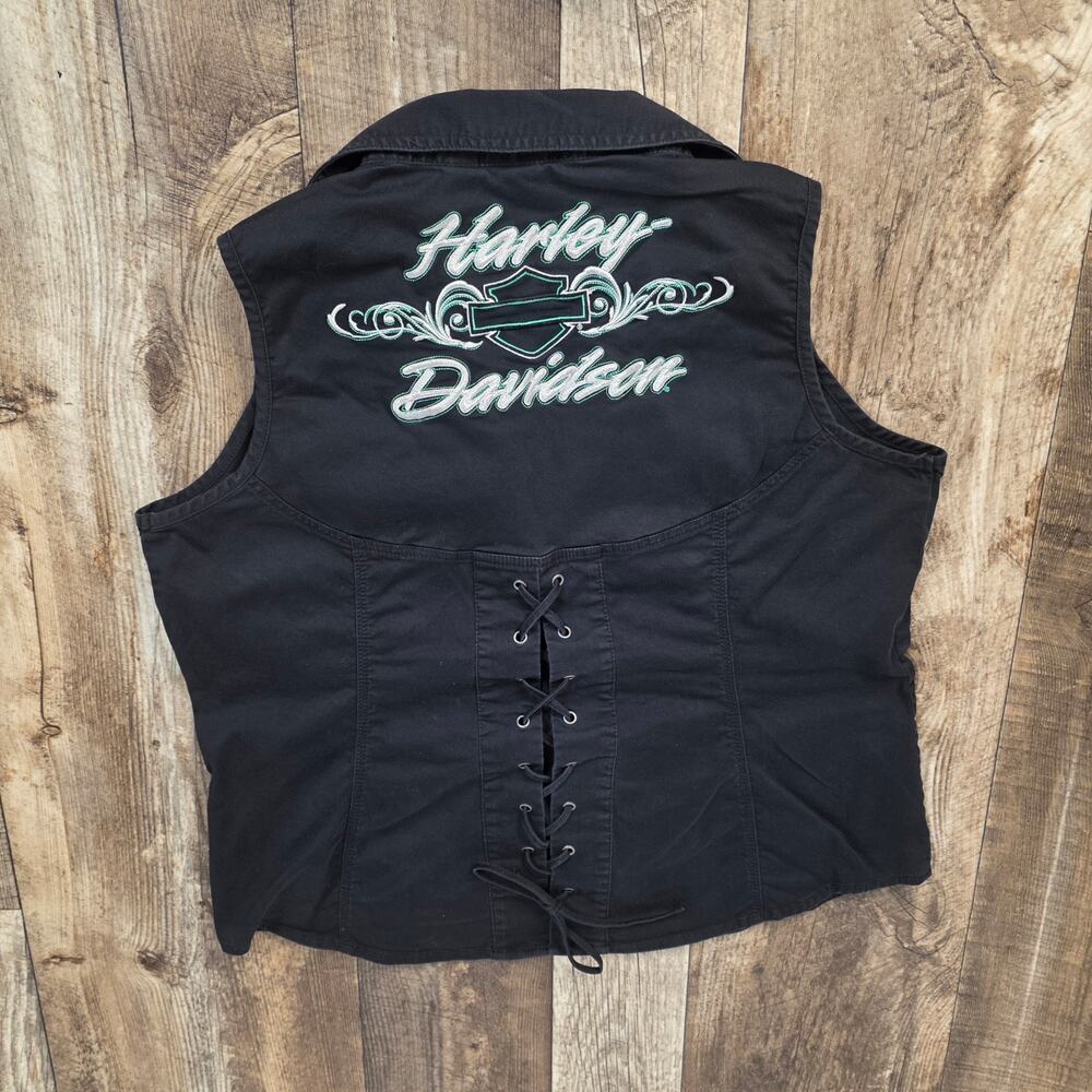 Harley Davidson Black Embroidered Lace Up Back Biker Vest Zip Front 1W